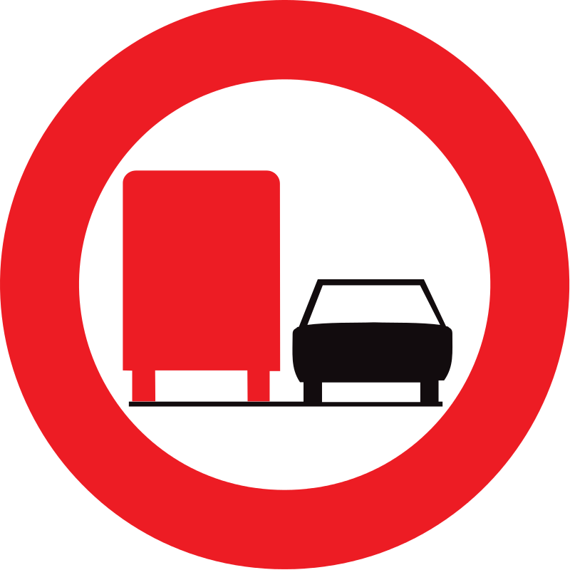 verkeersbord verbodsborden Vanaf het verkeersbord tot en met het volgend kruispunt, verbod voor bestuurders van voertuigen of slepen meer dan 3.500 kg links in te halen.