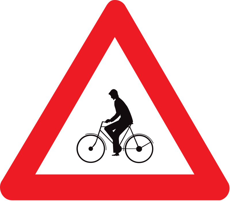 verkeersbord gevaarbord Oversteekplaats voor fietsers en bestuurders van tweewielige bromfietsen of plaats waar die bestuurders van een fietspad op de rijbaan komen.