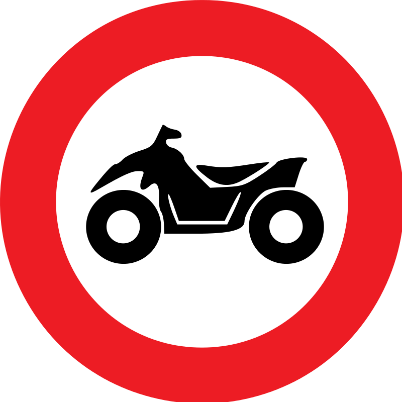 verkeersbord verbodsborden Verboden toegang voor bestuurders van motorvoertuigen met vier wielen, geconstrueerd voor onverhard terrein, met een open carrosserie, een stuur als op een motorfiets en een zadel.