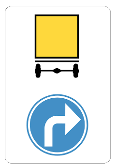 Verkeersbord Gebodsborden Verplichting voor voertuigen die gevaarlijke goederen vervoeren om de door de pijl aangeduide richting te volgen.